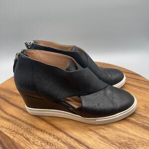 Paolo Linea Shoes Womens 7 M Black Leather Wedge Sneakers Side Cutouts Comfort